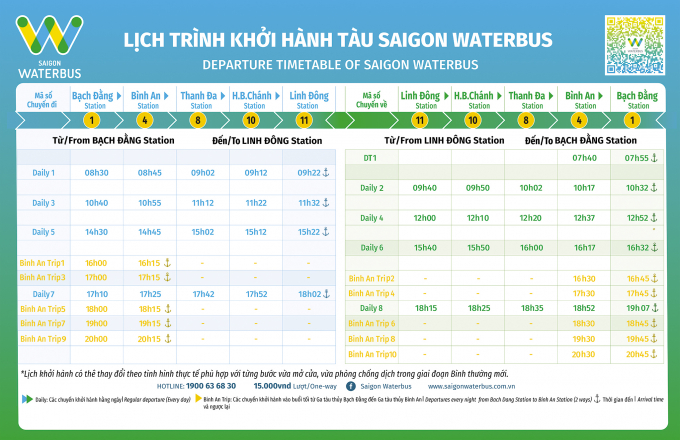 Bảng giờ hoạt động chi tiết. Ảnh: Saigon Waterbus