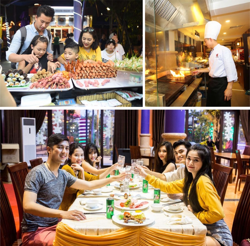 Khám phá đa dạng các món ăn khắp ba miền Việt Nam với hơn hàng trăm món ăn ngon đặc sắc tại khuôn viên của các nhà hàng trong nhà hoặc ngoài trời của khu vui chơi giải trí Asia Park